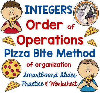 Preview of Integers Order of Operations Pizza Bite Method Smartboard Slides and Worksheet