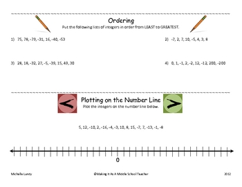 Preview of Integers:  Ordering & Plotting on Number Line with Answer Key