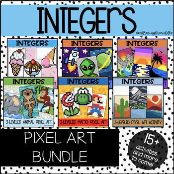 Preview of Integers Pixel Art BUNDLE for Middle Schoolers with Holidays | Math