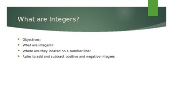 Preview of Integers Power Point- Definitions, Integers on number Line, Rules