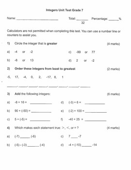 integers quiz with answer key grade 7 by pennycook tpt