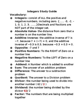 Preview of Integers Study Guide