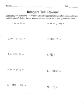 Preview of Integers Test Review