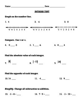 Preview of Integers Test and Review