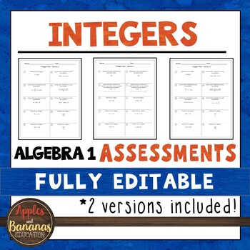 Preview of Integers Tests - Algebra 1 Editable Assessments