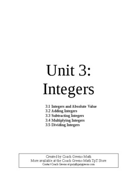 Preview of Integers Unit Pre-Algebra Workbook (Worksheets, quizzes, tests)