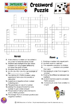 Preview of Integers Vocabulary Crossword