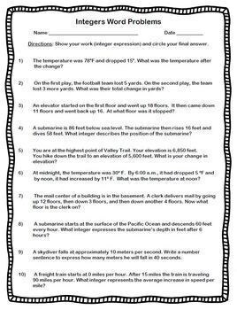 Integers Word Problems Worksheet With Answer Key Add Subtract Multiply Divide