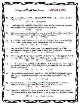 Integers Word Problems Worksheet with Answer KEY Add Subtract Multiply
