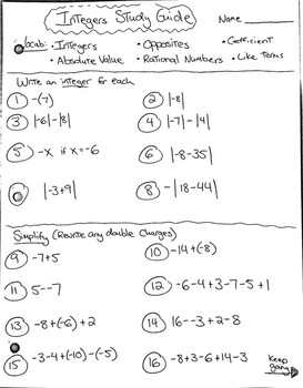 Integers and Rational Numbers Mid-Unit Study Guide (Addition ...