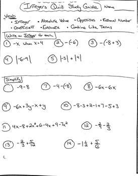 Integers and Rational Numbers Mid-Unit Study Guide (All Operations)