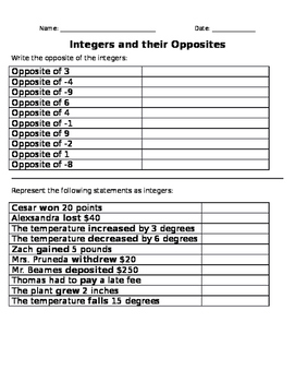 Preview of Integers and Their Opposites