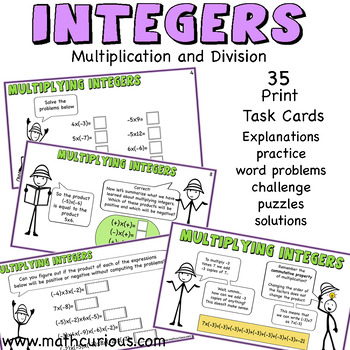Preview of Integers multiplying dividing word problems challenge puzzles solutions print