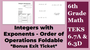 Preview of Integers with Exponents, Order of Operations Foldable (Math TEKS 6.7A and 6.3D)