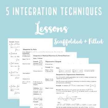 Preview of Integral Calculus Lessons: 5 Integration Techniques (Filled + Scaffolded Lesson)