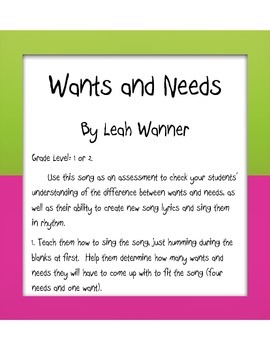 Preview of Integrated Arts Lesson: Wants and Needs song