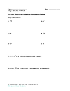 Preview of Integrated Math 2 Unit 1 Practice with Key