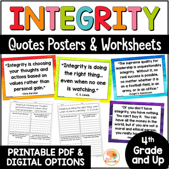 Preview of Integrity Posters: Integrity Quotes and Reflection Worksheets Activity