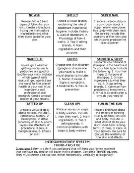 Preview of Integumentary System Think-Tac-Toe Project