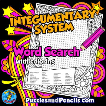 Preview of Integumentary System Word Search Puzzle Activity Page with Coloring | Human Body