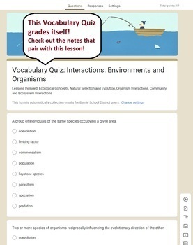 Preview of Interactions: Environments and Organisms: Vocab Quiz: Google Form
