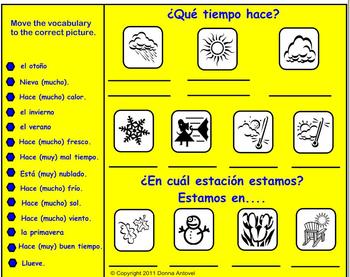 Preview of Interactive Dice Spanish Weather Vocabulary Activity with Worksheets