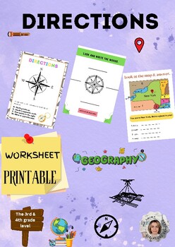 Preview of Interactive Geography Compass Worksheet for 3rd & 4th Graders
