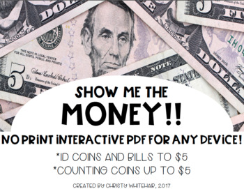Preview of Interactive Identifying and Counting Coins and Bills to $5 {Special Education}