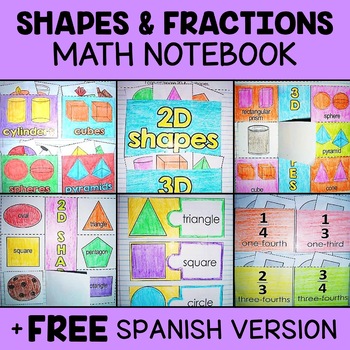 Preview of Shapes and Fractions Math Interactive Notebook Activities + FREE Spanish