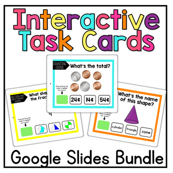 Preview of Interactive Math Task Cards on Google Slides™ Word Problems, Time, Coins, Shapes