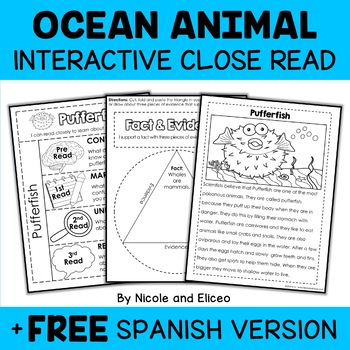 Preview of Ocean Animal Close Reading Interactive Notebook + FREE Spanish