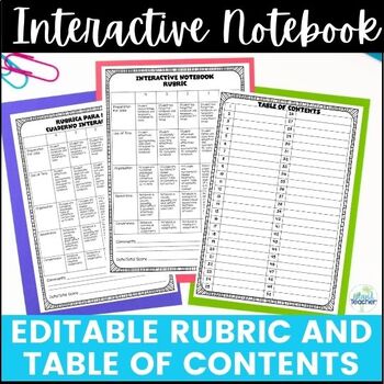 Preview of Interactive Notebook Editable Rubric and Table of Contents