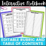 Interactive Notebook Editable Rubric and Table of Contents