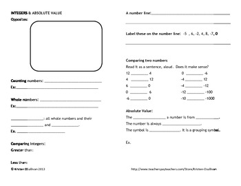 Preview of Interactive Notebook: Integers and Absolute Value Guided Notes