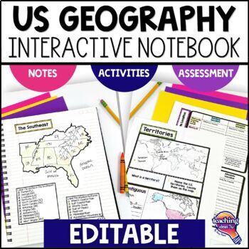 Preview of United States Geography & U.S. Regions EDITABLE Interactive Notebook & Test