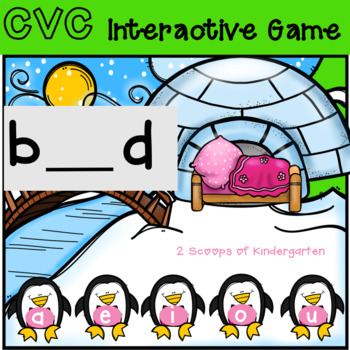 Preview of Digital Penguin CVC missing vowel powerpoint game