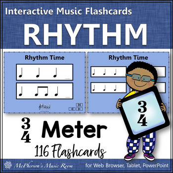 Preview of Rhythm Cards Interactive Elementary Music Flashcards 3/4 Meter