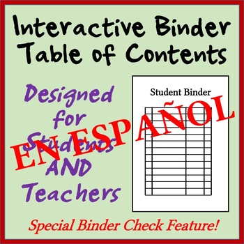Preview of Interactive Student Binder Table of Contents  [Dual, Spanish, Immersion]