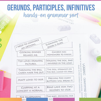 Preview of Interactive Verbals Sort Gerunds, Participles, Infinitives Grammar Game & Sort