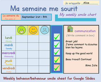 Preview of Interactive Weekly Behavior Smile Sheet English and French (w/Google Slides)