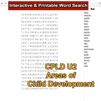 Preview of Child Care Unit 2 Interactive & Printable Word Search for 11th-12th Graders