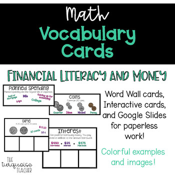 Preview of Interactive Word Wall Math Vocab Cards & Digital: Financial Literacy and Money