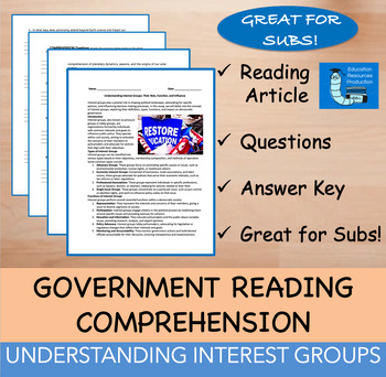 Preview of Interest Groups - Reading Comprehension Passage & Questions
