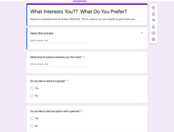Preview of Interest Inventory/ Learning Preferences for Science Class (Digital)