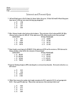 Preview of Interest and Percent Quiz - FREEBIE
