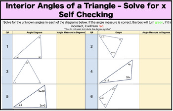 Preview of Interior Angles of a Triangle - Solve Equations Self Checking