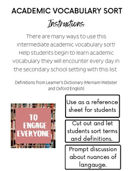 Preview of Intermediate Academic Vocabulary Sort for Middle/High School ELL/ESL Students