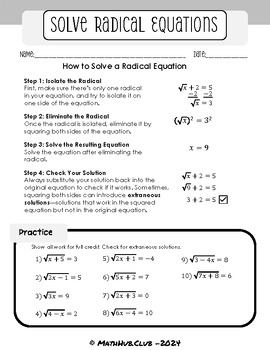 Preview of Intermediate Algebra: Solve Easy Radical Equations Worksheet 2 with Solutions