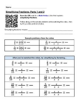 Preview of Intermediate Fraction Skills Worksheets, grades 3-5,  lessons in Math Antics