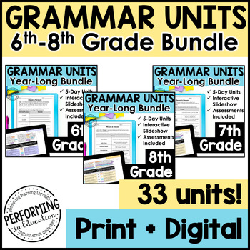 Preview of Intermediate Grammar Year-Long Bundle For 6th-8th | Lesson Plans & Practice